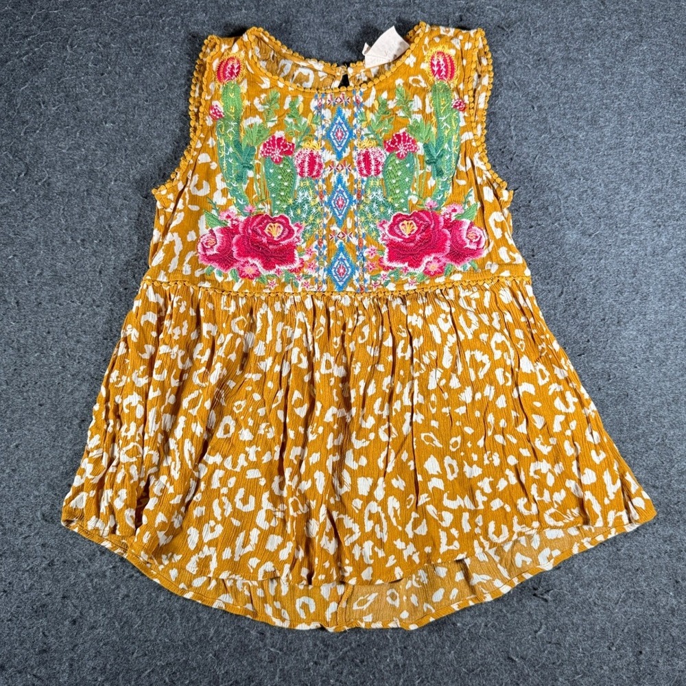 Savanna Jane Womens Mustard Leopard Embroidered Cactus Boho Top K16539-1 Small